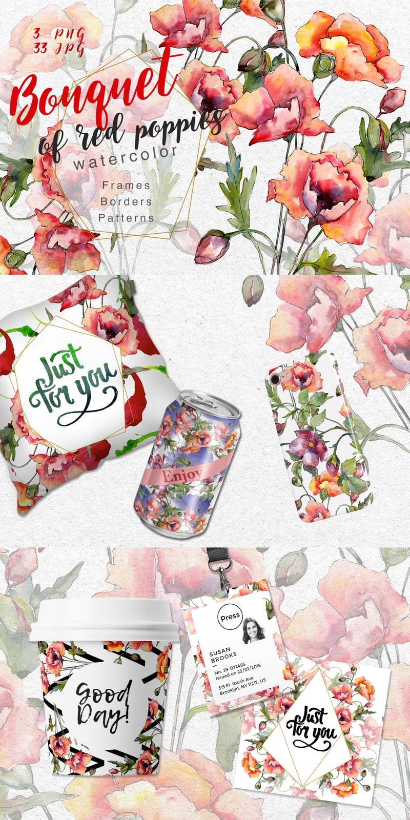 Bouquet of Red Poppies PNG Watercolor Set - Illustration - Features Image 1