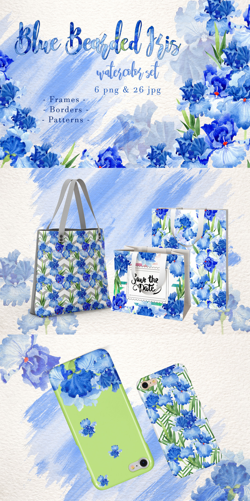 Blue Bearded Iris PNG Watercolor Creative Set - Illustration