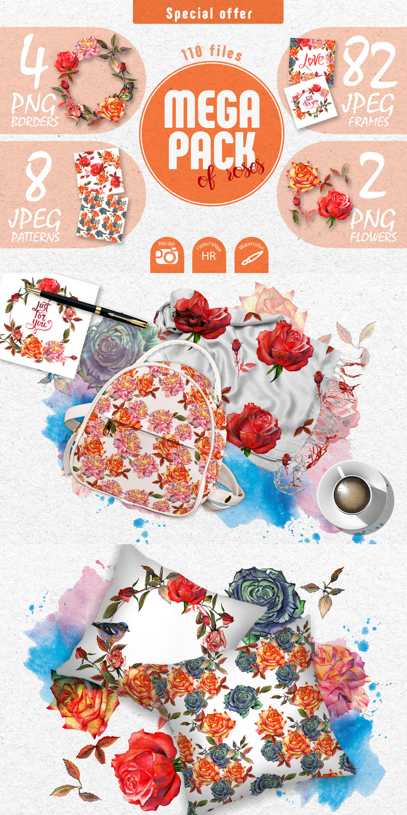 Wildflower Colorful Roses PNG Watercolor Set - Illustration - Features Image 1