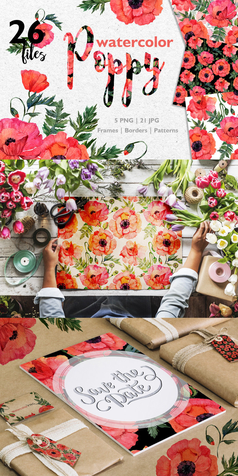 Red Poppy Watercolor PNG JPG - Illustration - Features Image 1