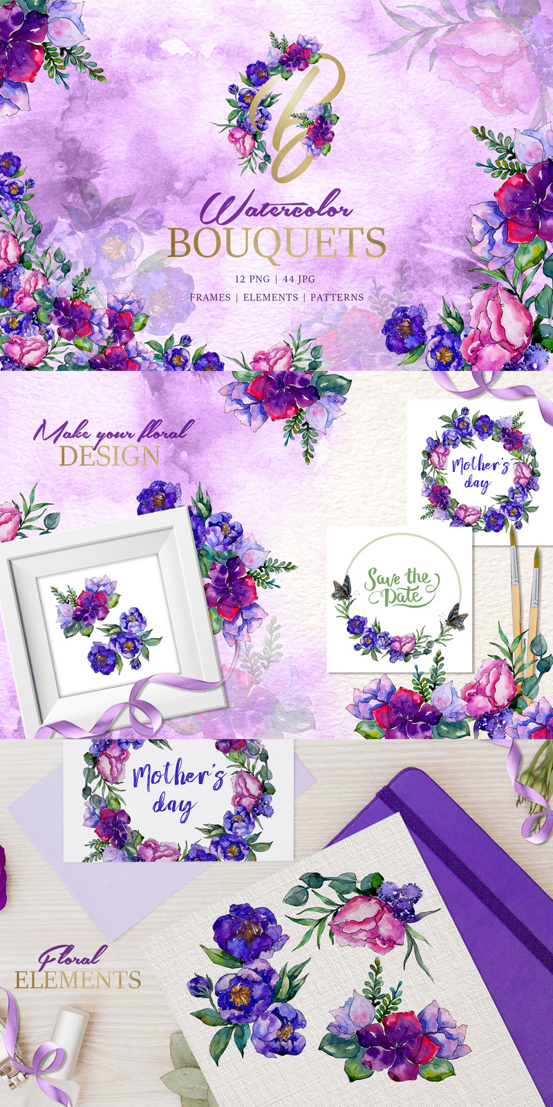Ramos De Flores Moradas Acuarela PNG - Ilustración - Características Imagen 1
