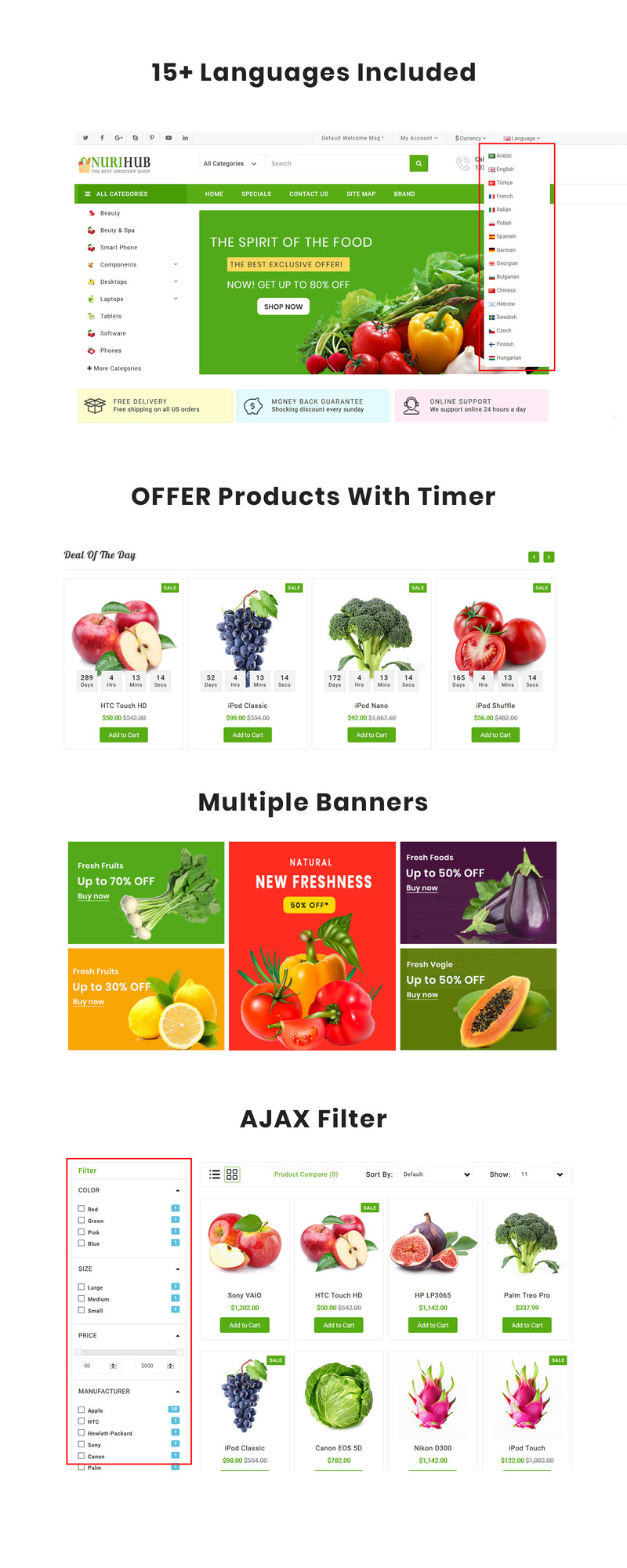 NuriHub Organic & Grocery Responsive Theme OpenCart Template - Features Image 1