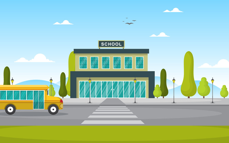 Skolbyggnad med buss - illustration - Features Image 1