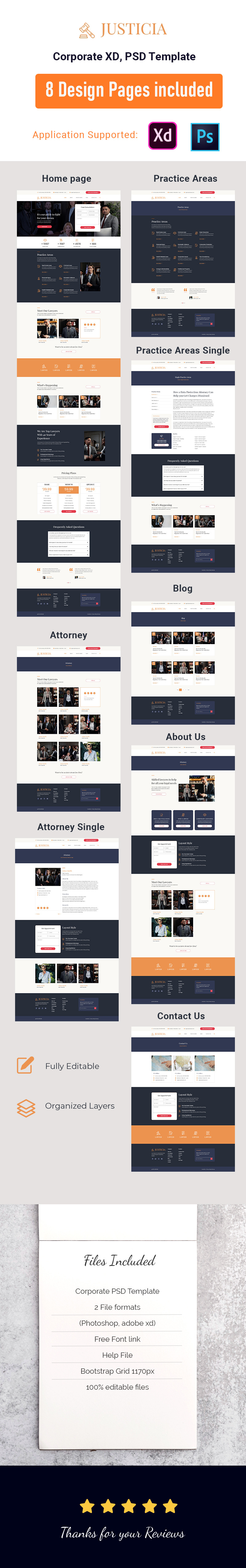 Justicia super pulito e moderno Adobe Photoshop e Adobe XD PSD Template - Caratteristiche Immagine 1
