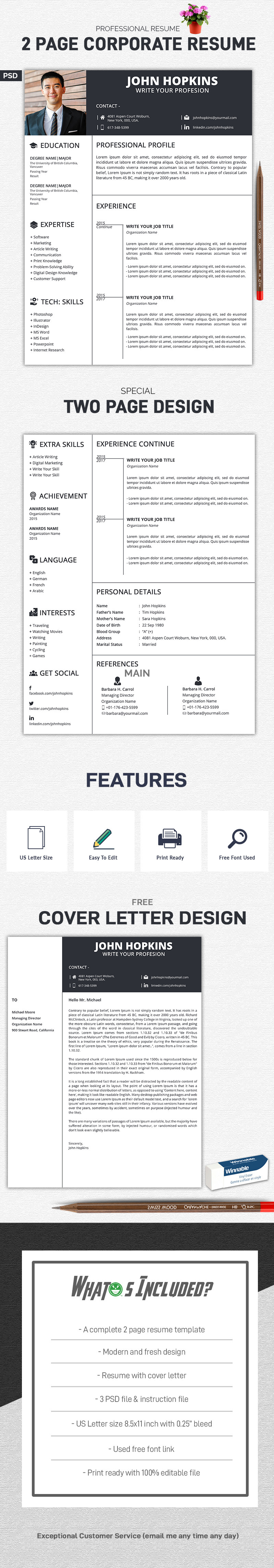 US Letter Size Corporate Resume Template - Features Image 1