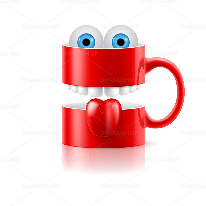 Taza roja de dos partes con dientes, lengua y ojos de rana - Imagen vectorial - Características Imagen 1