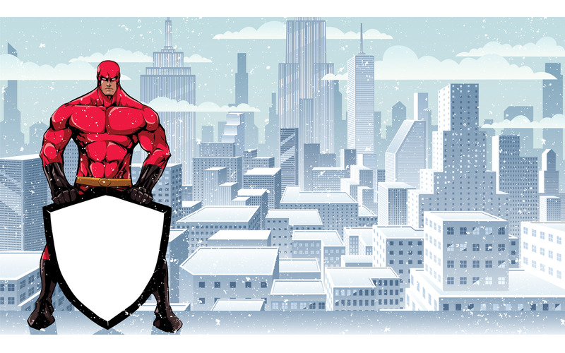 Superhero Holding Shield on Winter City - Illustrazione - Caratteristiche Immagine 1