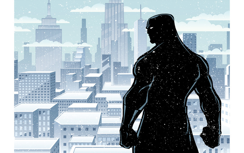Superhero Back City Winter Silhouette - Illustrazione - Caratteristiche Immagine 1