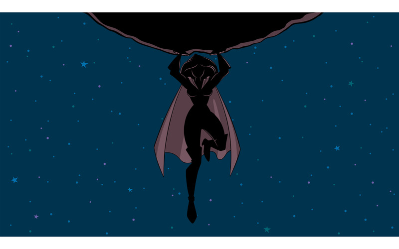 Superheroine Holding Boulder i rymdkontur - illustration - Features Image 1