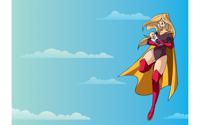 Super mamma con bambino in cielo - illustrazione - Caratteristiche Immagine 1