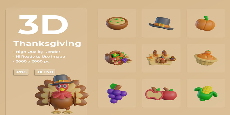 3D Thanksgiving Ikonuppsättning Bunt - Features Image 1