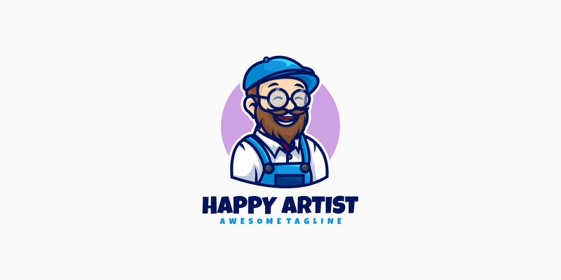 Gelukkig kunstenaar mascotte cartoon logo - Functieafbeelding 1