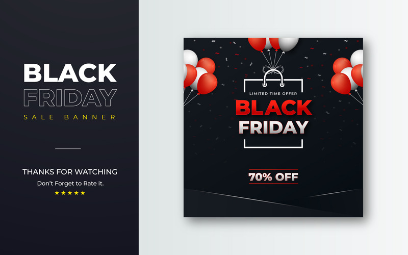 Black Friday Social Media Sale Banner Design with Balloons and Confetti - Features Image 1