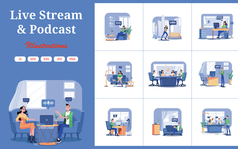 M536_Canlı Yayın ve Podcast İllüstrasyon Paketi - Features Image 1