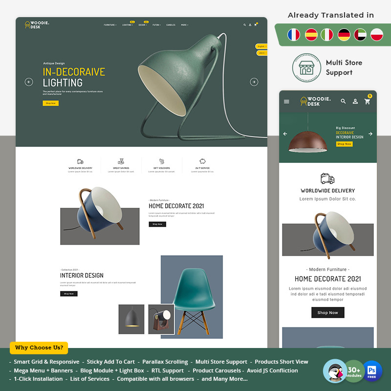 Woodie Desk Theme for Online furniture & home Decor Store