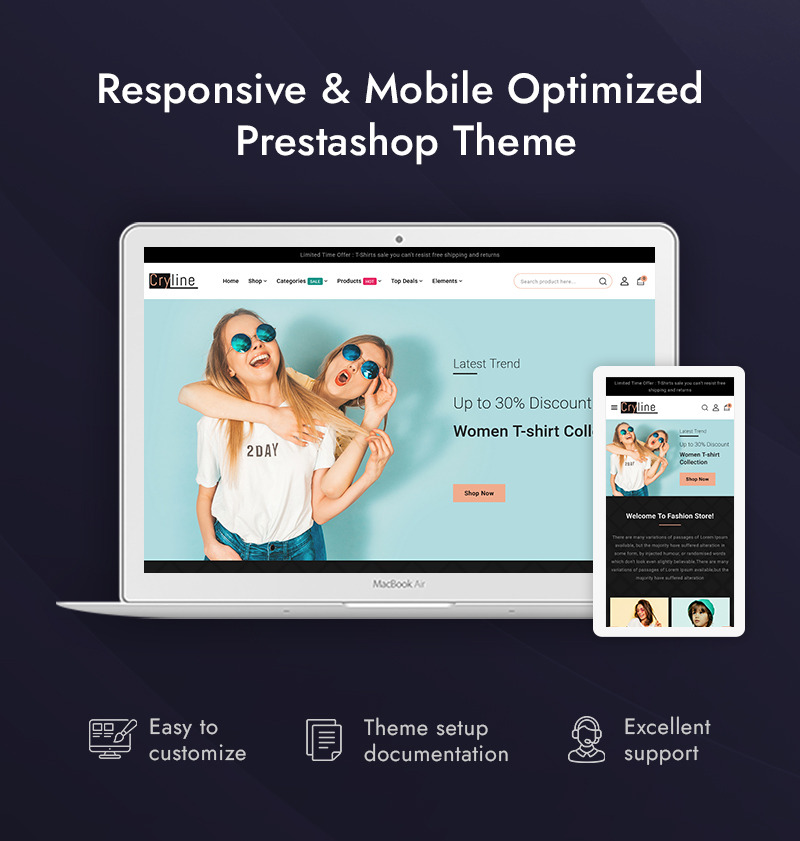 Cryline - Sklep internetowy z koszulkami Prestashop Responsywny motyw - Obraz funkcji 1