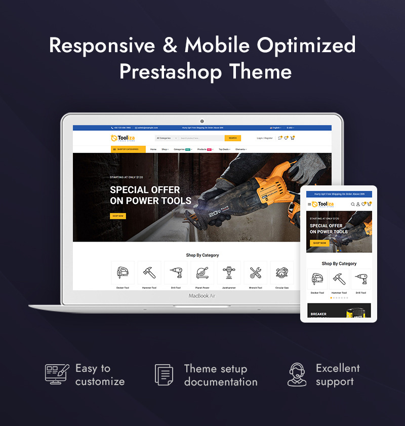 Tooliza - Negozio di tuttofare e utensili elettrici Tema reattivo Prestashop - Caratteristiche Immagine 1
