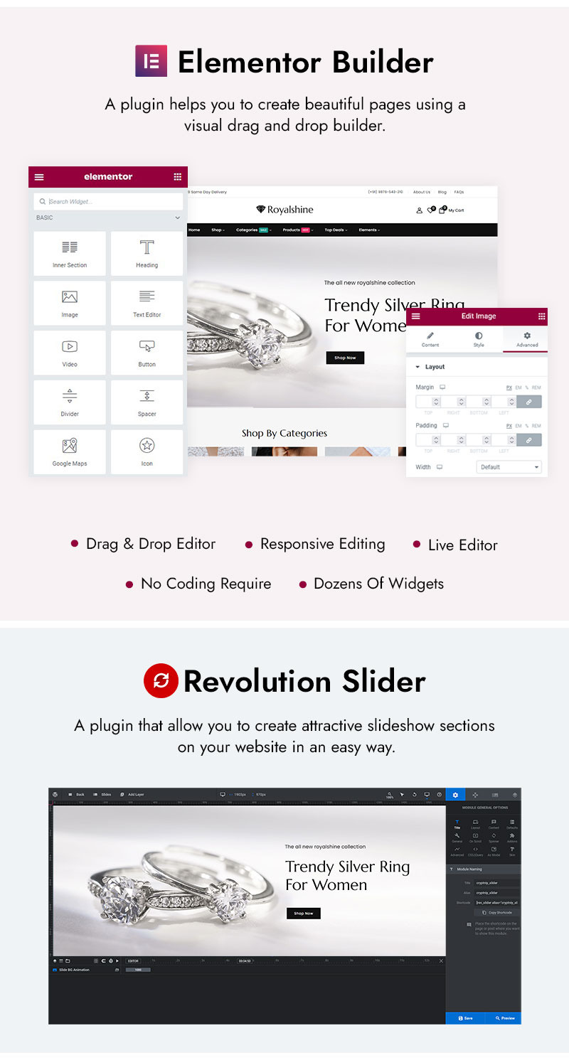 Royalshine - Tema responsivo WooCommerce Elementor para tienda de joyería minimalista - Características Imagen 2