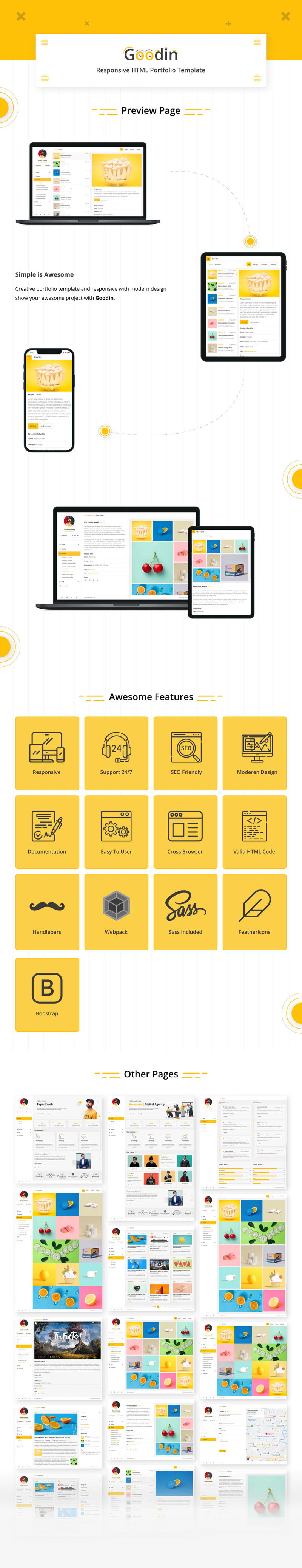 Goodin - отзывчивые ручки портфолио и шаблон веб-сайта Webpack - Изображения фич 1