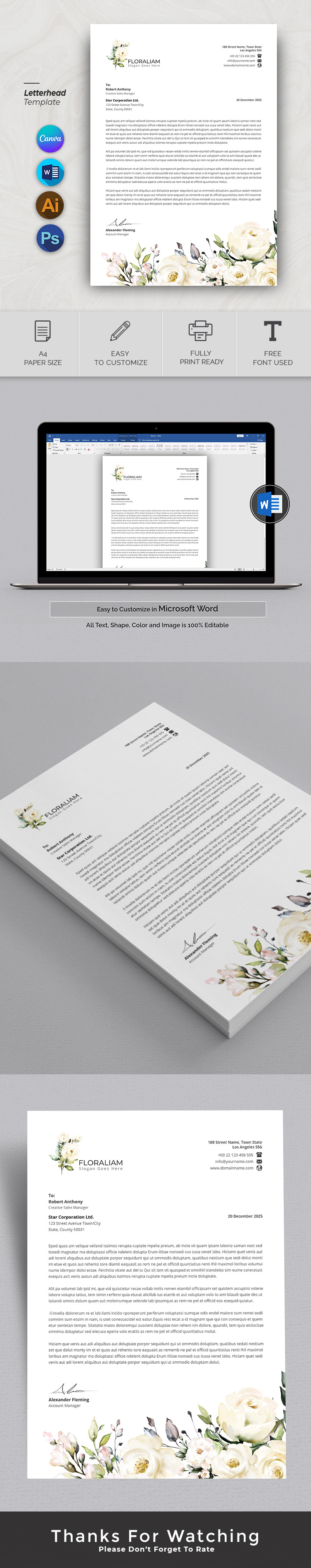 Mall för brevpapper med akvarellblommor, design för företagsbrevpapper - Features Image 1