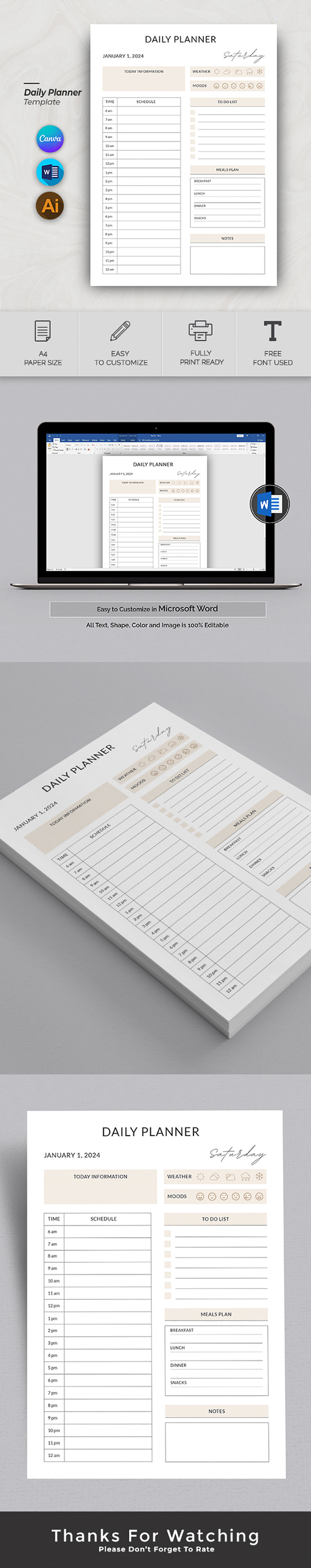 Canva Printable Daily Hourly Planner Template