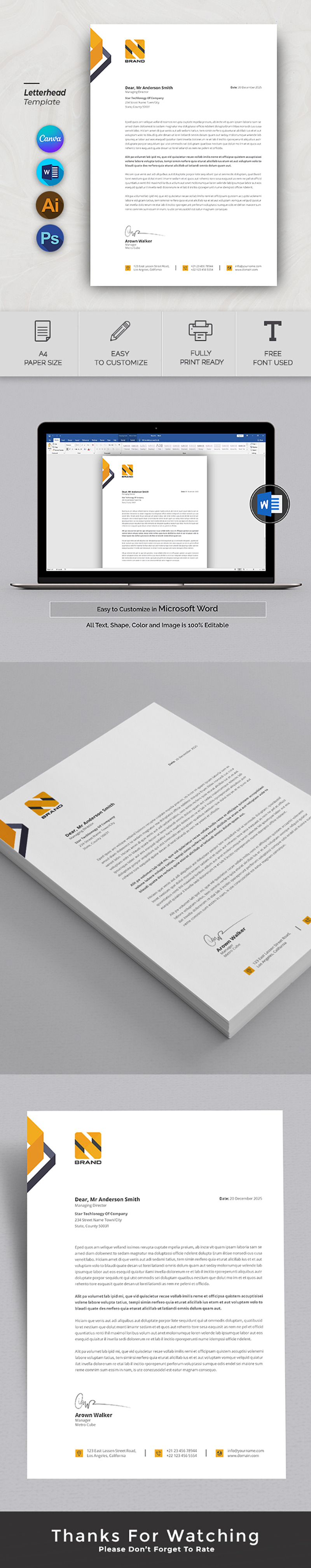 Modèle de papier à en-tête jaune d'entreprise, personnalisable avec Canva, papeterie professionnelle. - Caractéristiques de l’image 1