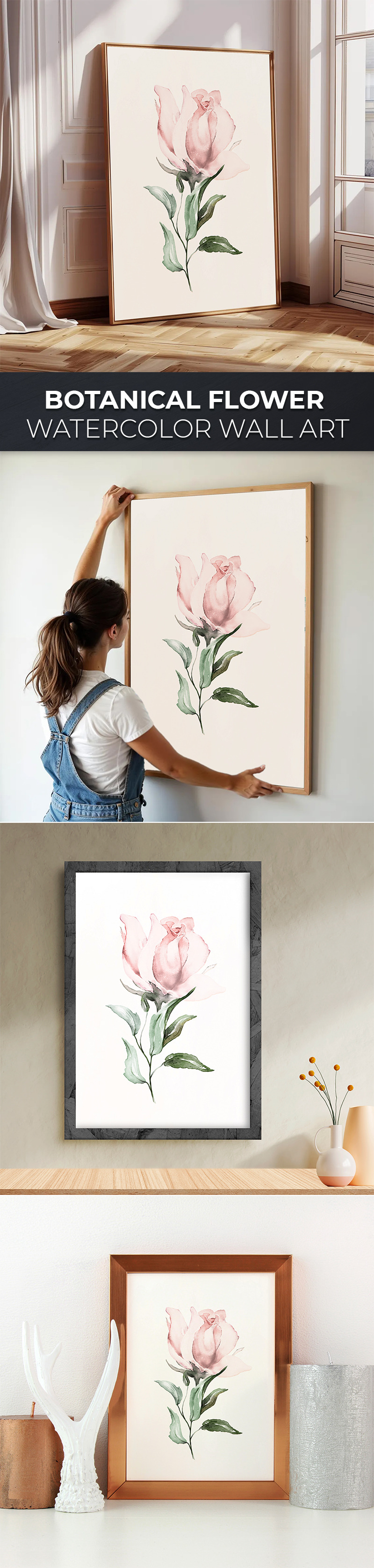 Rózsaszín rózsa akvarell falikép, minimalista virágos botanikai grafika - Features Image 1