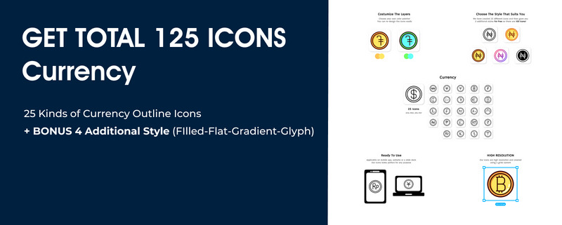 Total 125 Currency Icons - 25 Kinds of Icon with 5 Style - Features Image 1