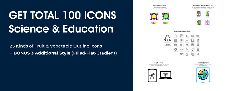 Всего 100 иконок науки и образования - 25 видов иконок в 4 стилях - Features Image 1