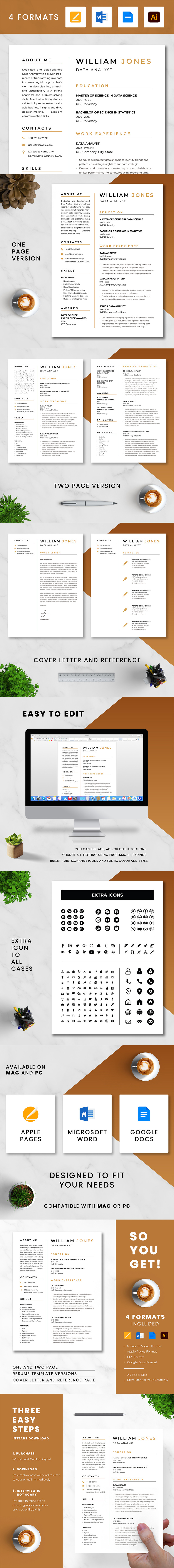 Data Analyst Resume Template, ATS-Friendly Data Science Resume + Cover Letter - Features Image 1