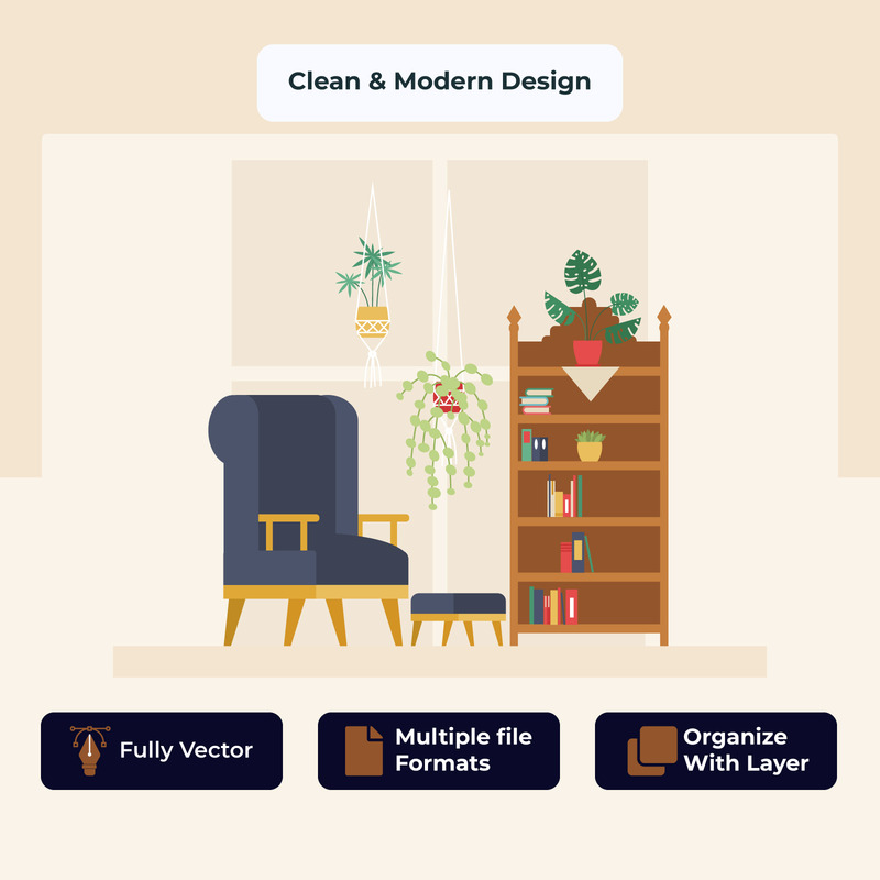 Design de salon rétro minimaliste dans un style plat - Caractéristiques de l’image 1