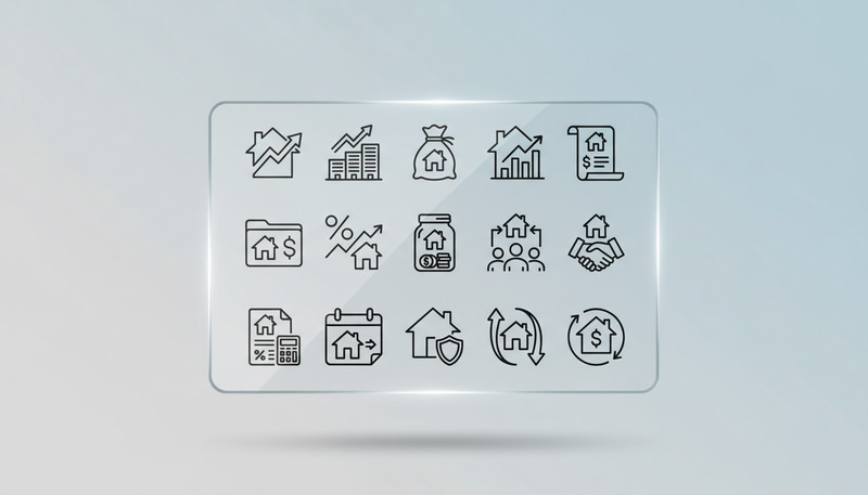 Pictogrammen voor vastgoedinvesteringen en hypotheken – Vastgoedfinanciering, rendement op investering (ROI), overzicht van de woningmarkt - Features Image 1
