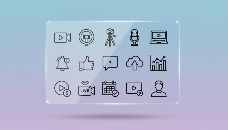 Ikoner för videoinnehållsskapare och streaming – Live, sociala medier, analyskonturvektorpaket - Features Image 1