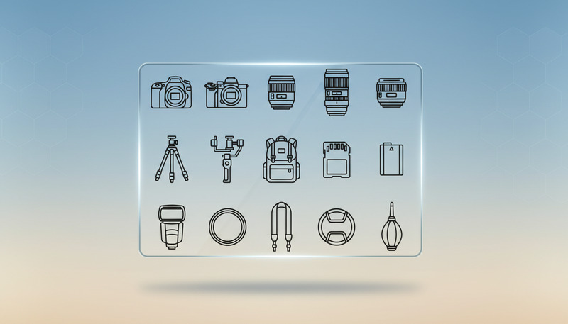 Fotoğraf Ekipmanları ve Kamera Aksesuarları Çizgi Simgeleri – DSLR, Objektif, Tripod Anahat Vektör Paketi - Features Image 1