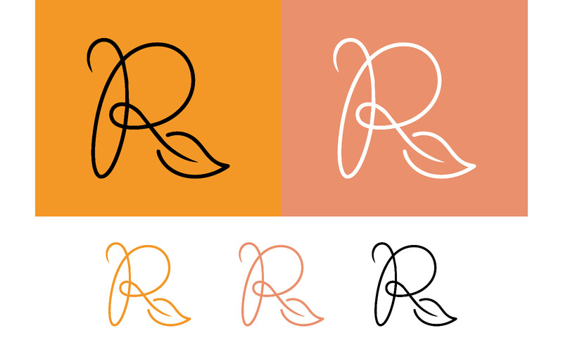 Elegante monogramma con la lettera r e un dettaglio a forma di foglia, ideale per il branding. - Caratteristiche Immagine 1