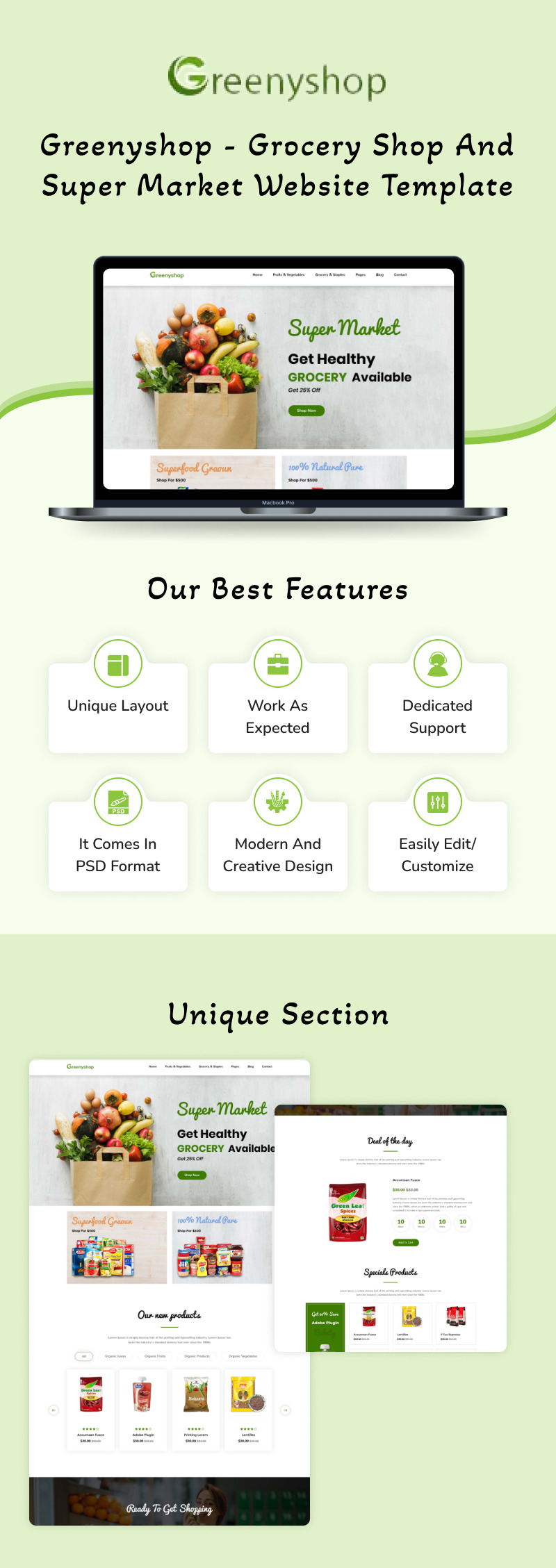 Greenyshop - Mall för webbplats för livsmedelsbutik och stormarknad - Features Image 1