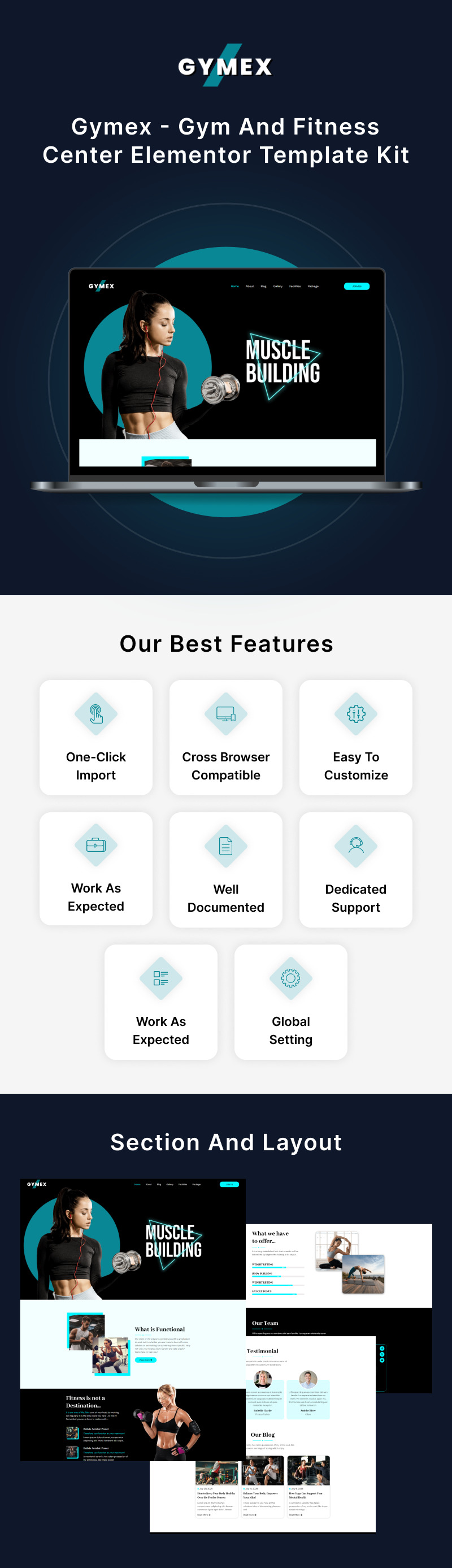 Gymex – Elementor-Vorlagenkit für Fitnessstudios und Fitnesscenter - Eigenschaften Bild 1