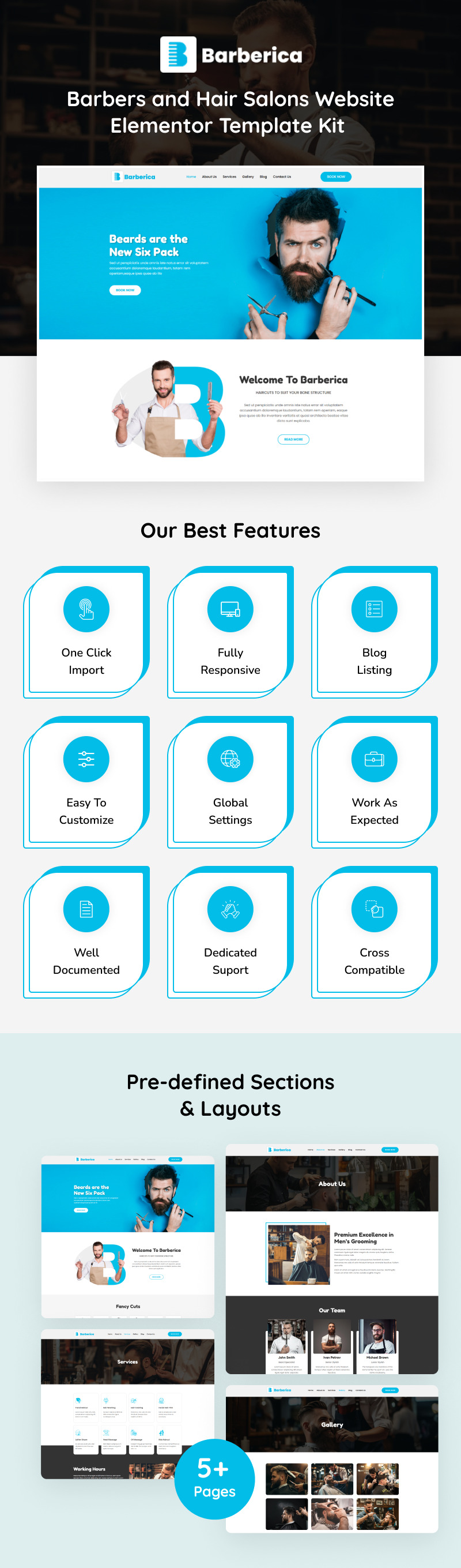 Barberica – zestaw szablonów Elementor dla stron internetowych dla fryzjerów i salonów fryzjerskich - Obraz funkcji 1