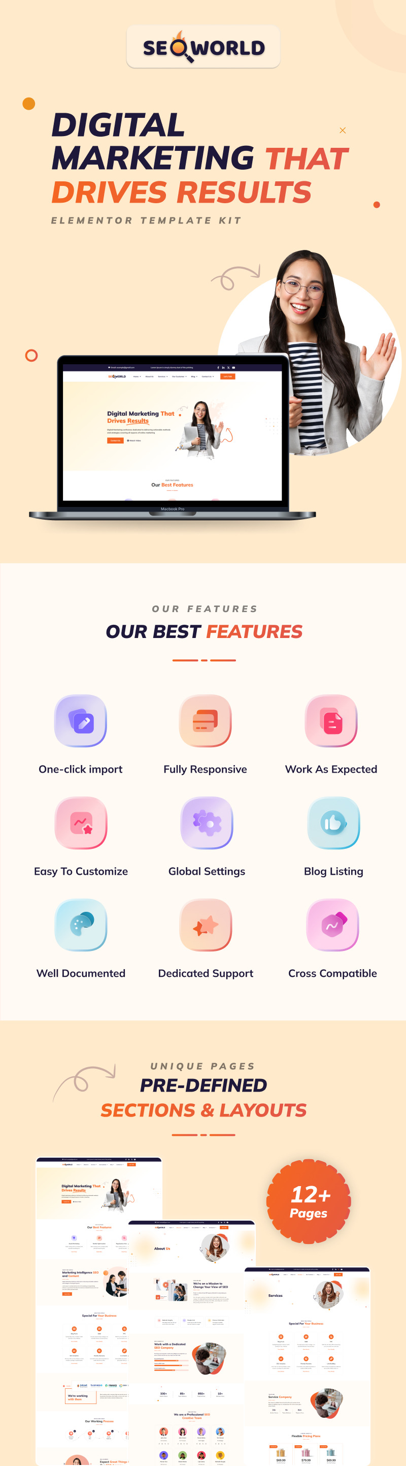 SEO World - Website-Elementor-Kit für Agenturen für digitales Marketing - Eigenschaften Bild 1