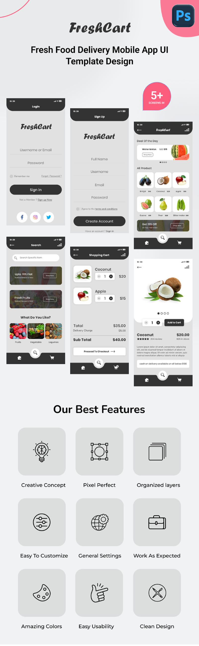 FreshCart - Mall för mobilapp för leverans av färsk mat - UI-design - Features Image 1