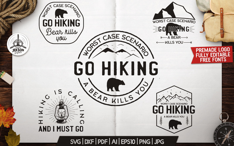 Mountain Camp, Retro Hiking Badges T-Shirt SVG Cuts Logo Template - Features Image 1