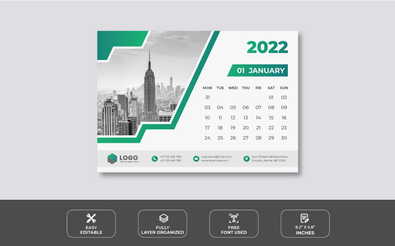 2022 Desk Calendar Design Template with green color - Features Image 1