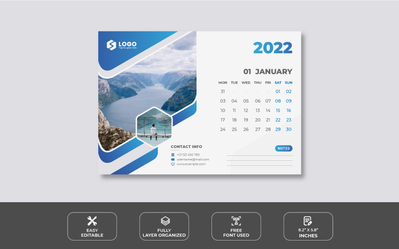 Modern Blue 2022 Desk Calendar Design TemplateMonster
