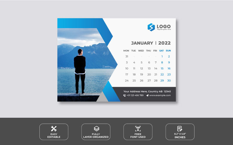 Modello di progettazione calendario da tavolo blu pulito 2022 - Caratteristiche Immagine 1