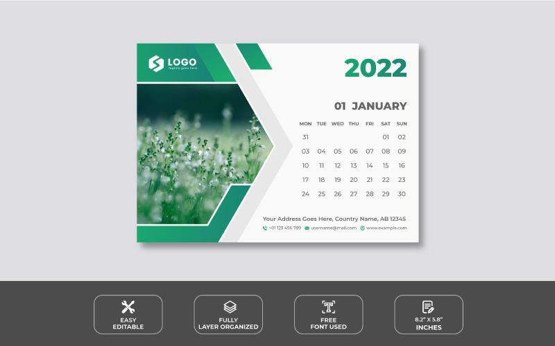 Modello di progettazione del calendario da tavolo di colore verde pulito e moderno 2022 - Caratteristiche Immagine 1