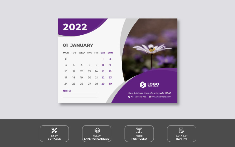 Modello di disegno del calendario da tavolo viola 2022 - Caratteristiche Immagine 1