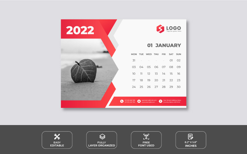 Modello di progettazione calendario da tavolo rosso pulito 2022 - Caratteristiche Immagine 1
