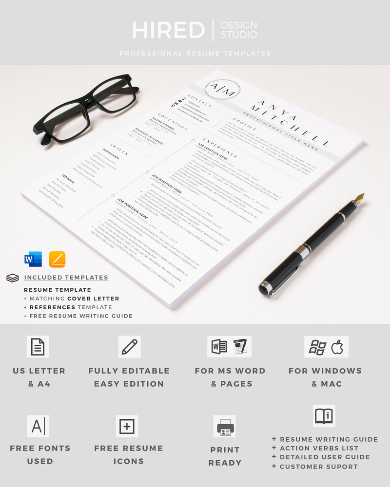 ANYA - 3 Pages of Professional Resume CV Design with Cover Letter format and References page - Features Image 8