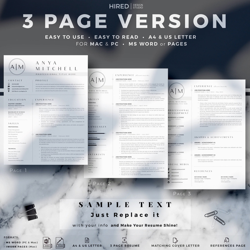 ANYA - 3 Pages of Professional Resume CV Design with Cover Letter format and References page - Features Image 5