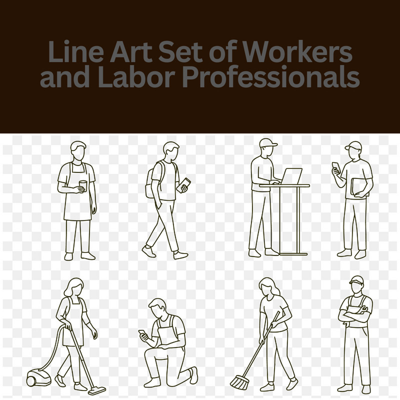 工人和劳动专业人员清洁、送货和日常任务的极简主义线条艺术集 - Features Image 1